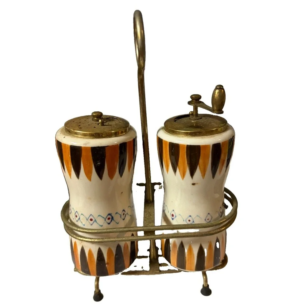 Japan Ceramic Brass Salt Shaker Pepper Grinder Caddy MCM Atomic Hand Painted